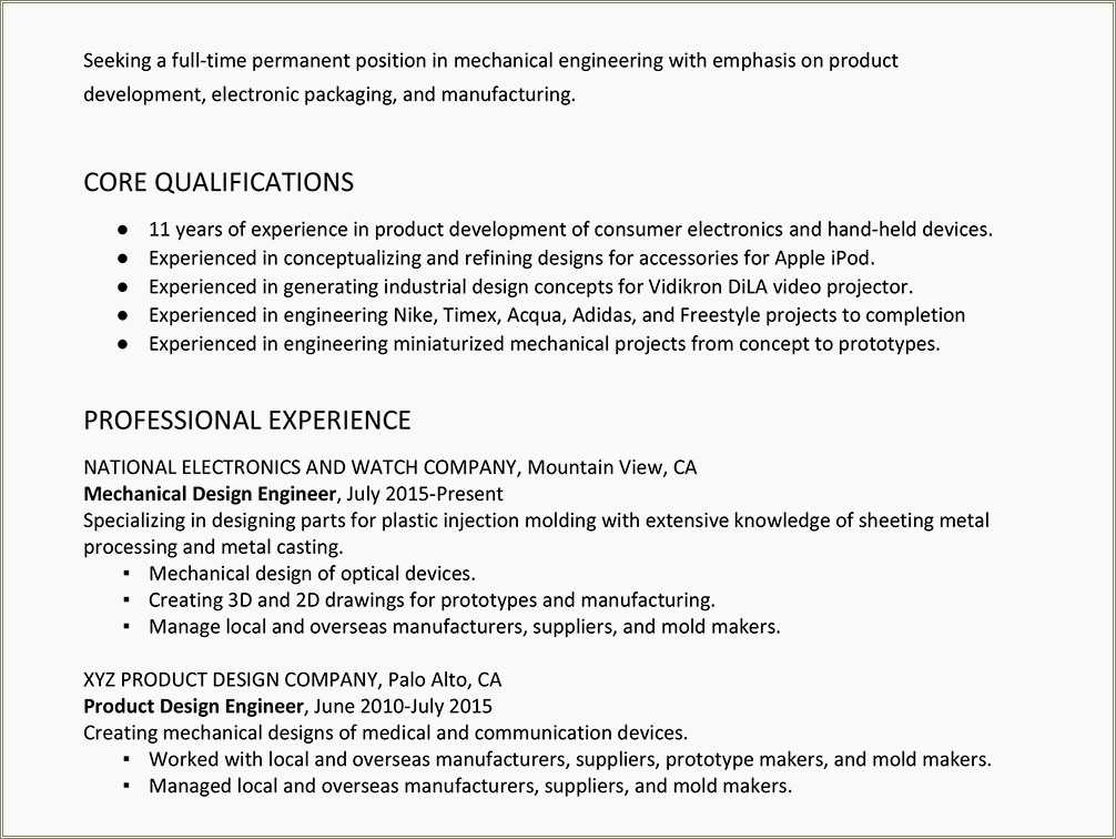 Mechanical Project Engineer Resume Objective