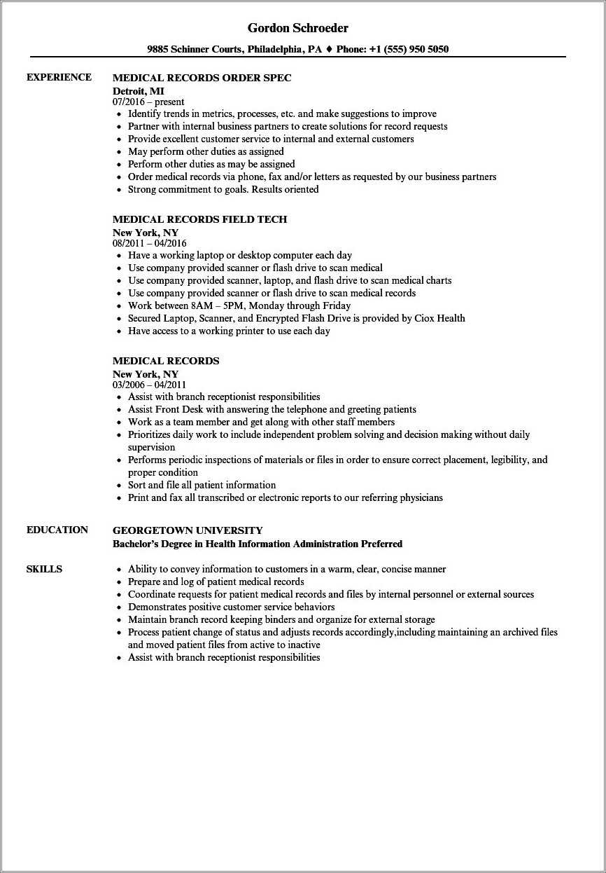 Medical Records Clerk Job Resume Resume Example Gallery