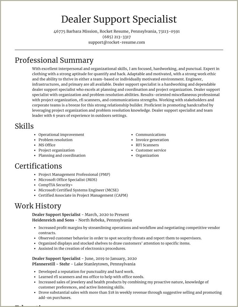 Mission Support Specialist Resume Sample