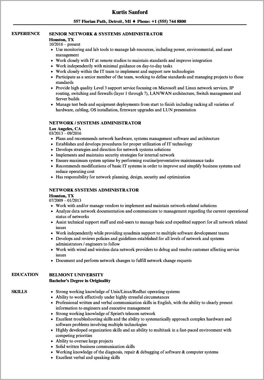 Network Administrator Resume 2 Years Experience