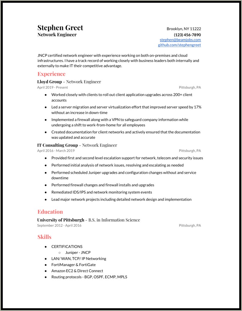 Network Plus Engineer Sample Resume