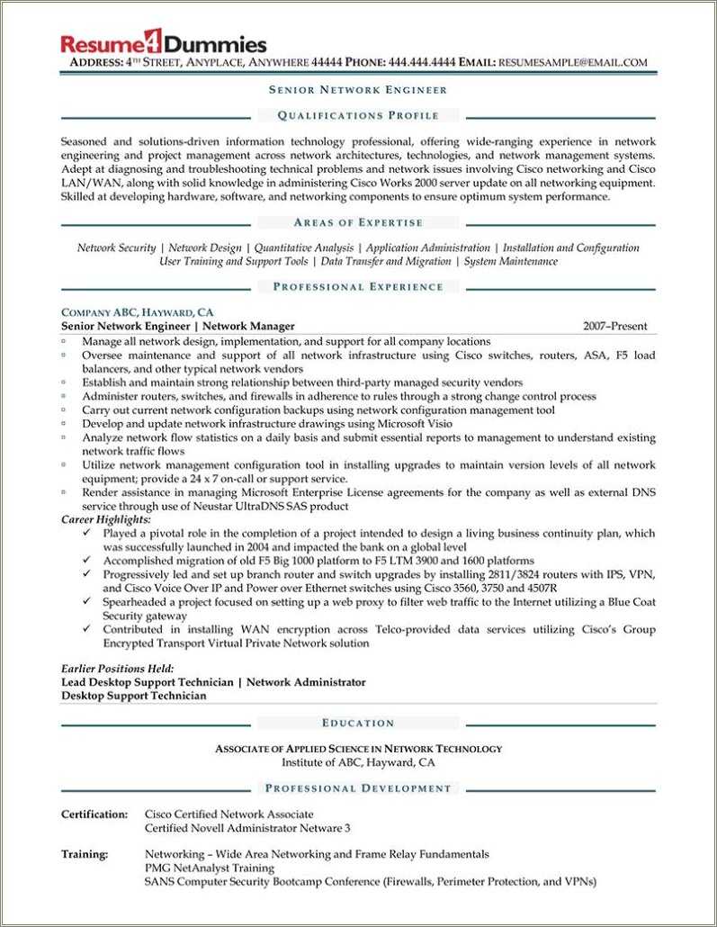 Network Support Specialist Resume Sample