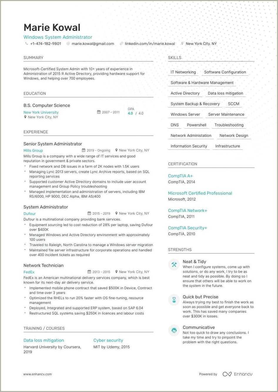 Network Systems Administration Resume Sample