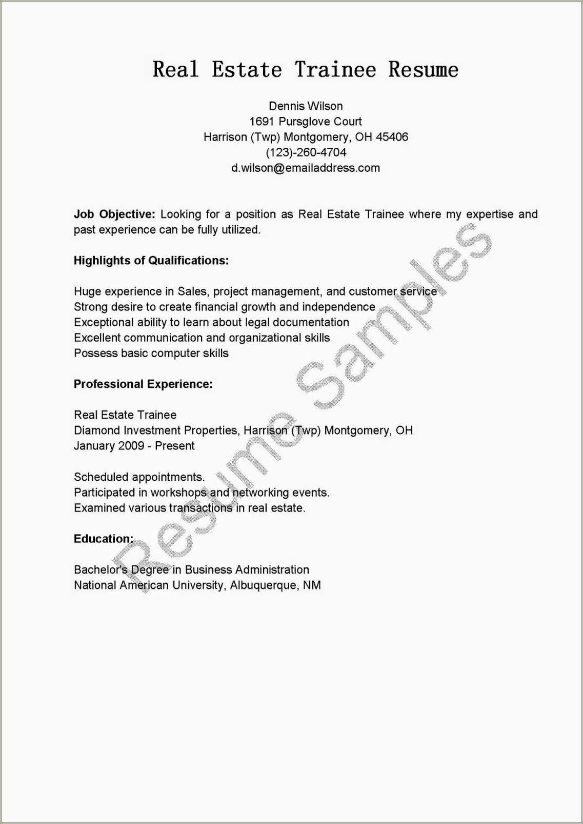 Real Estate Career Objective For Resume Resume Example Gallery