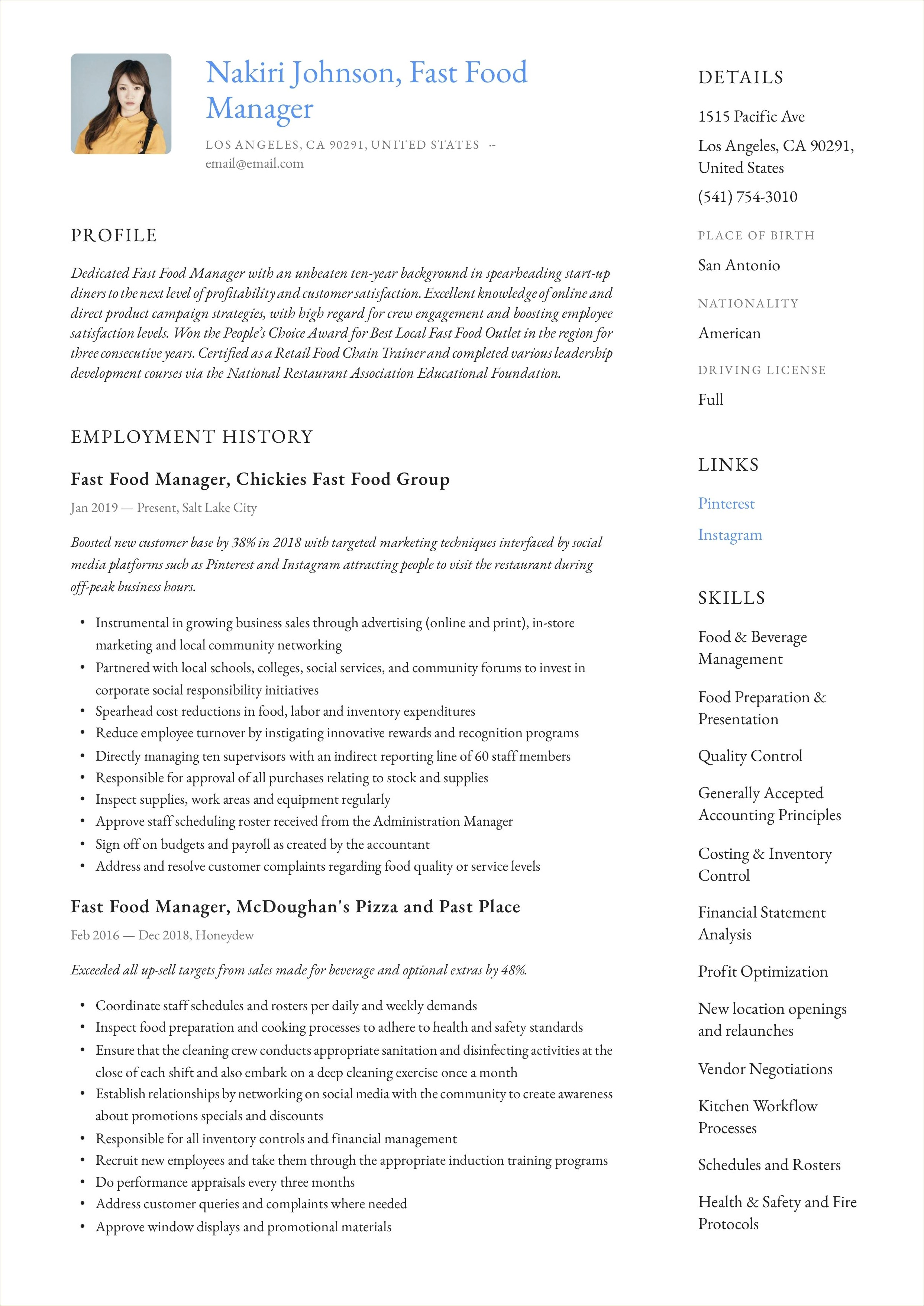 Objective For A Fast Food Resume