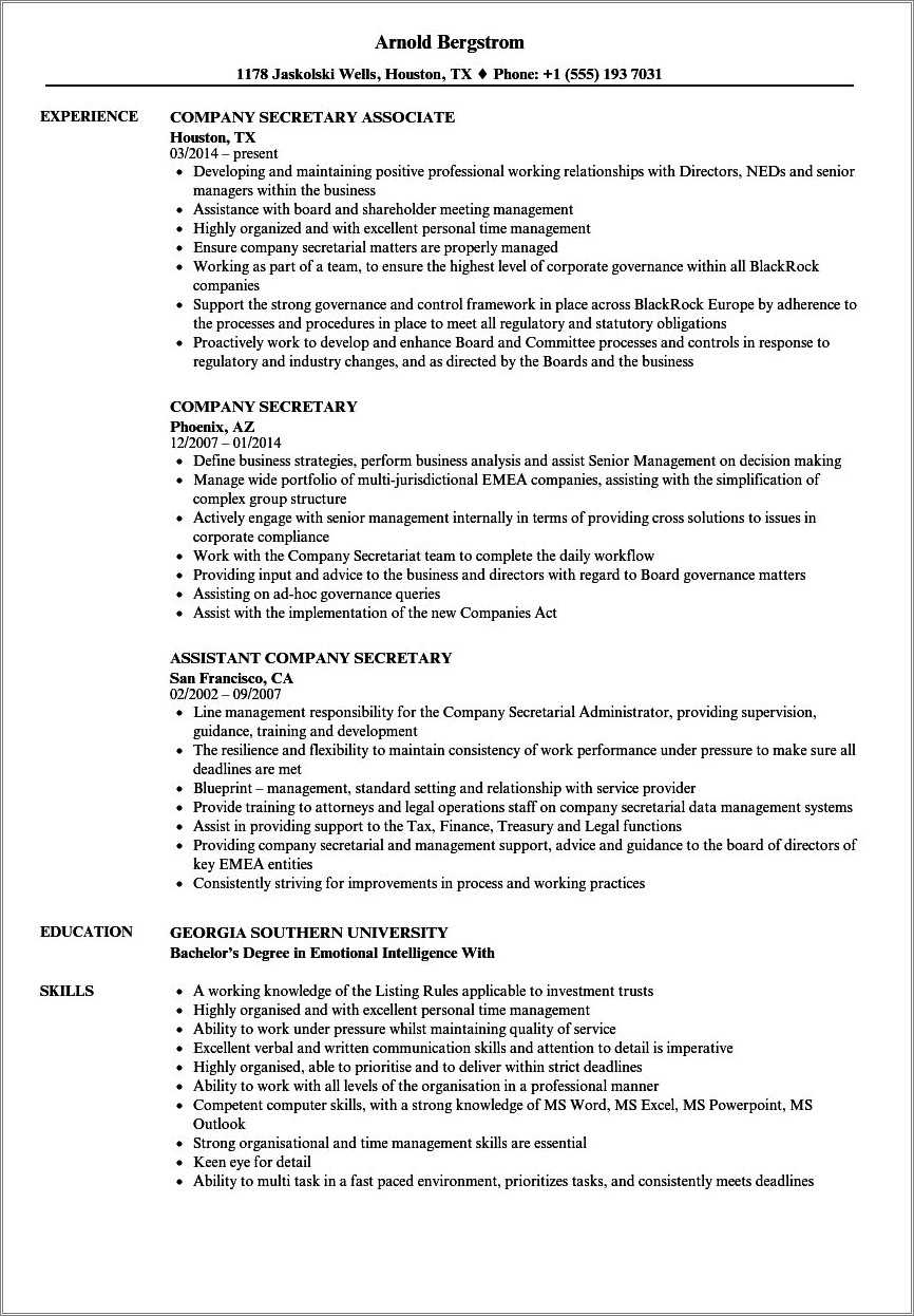 Objective For Company Secretary Resume