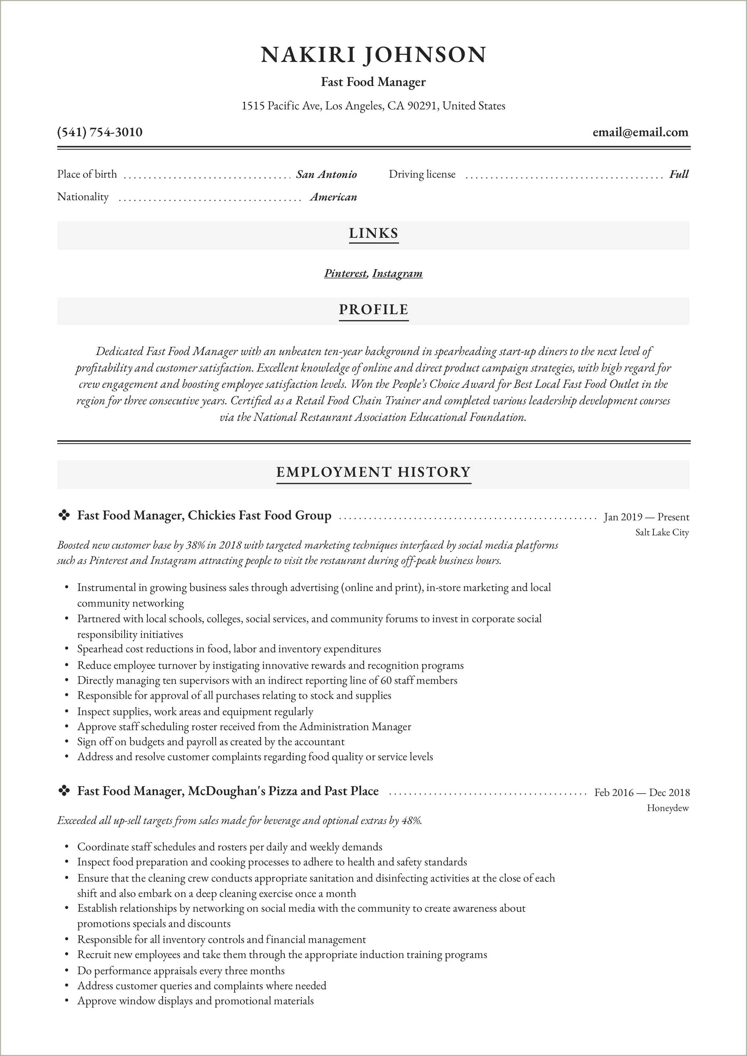 Objective For Fast Food Management Resume