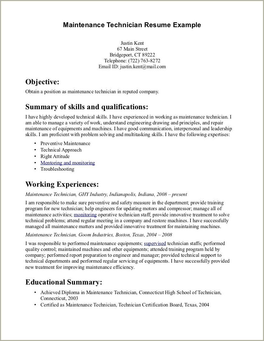 Objective For Maintenance Mechanic Resume