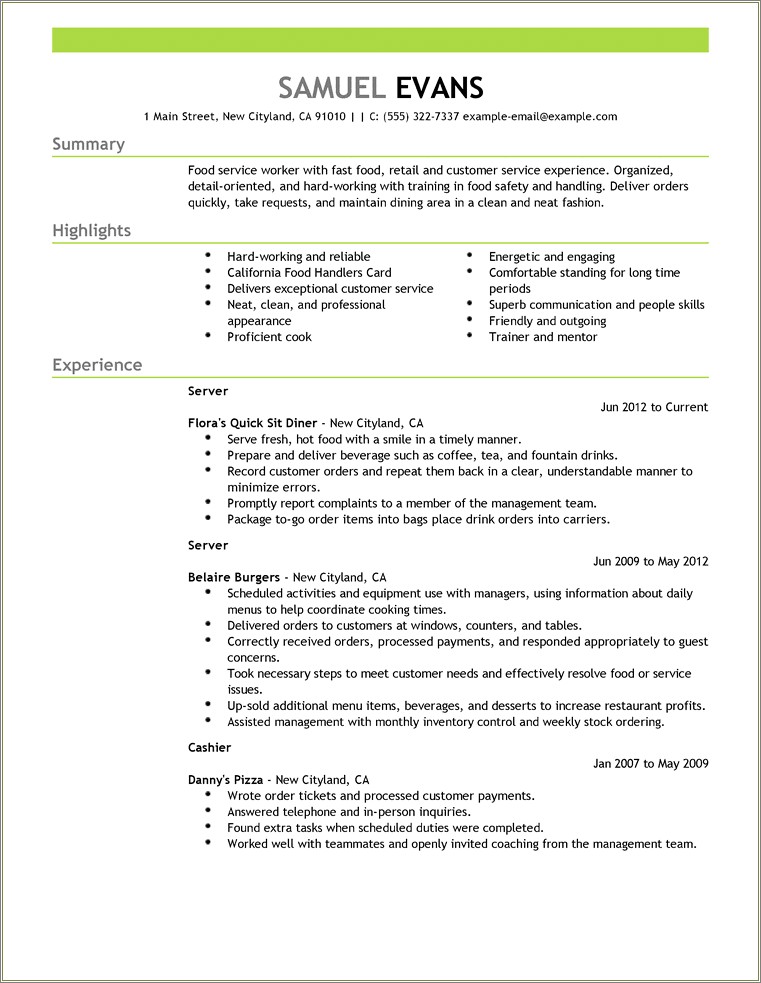 Objective For Resume For Fast Food Restaurant