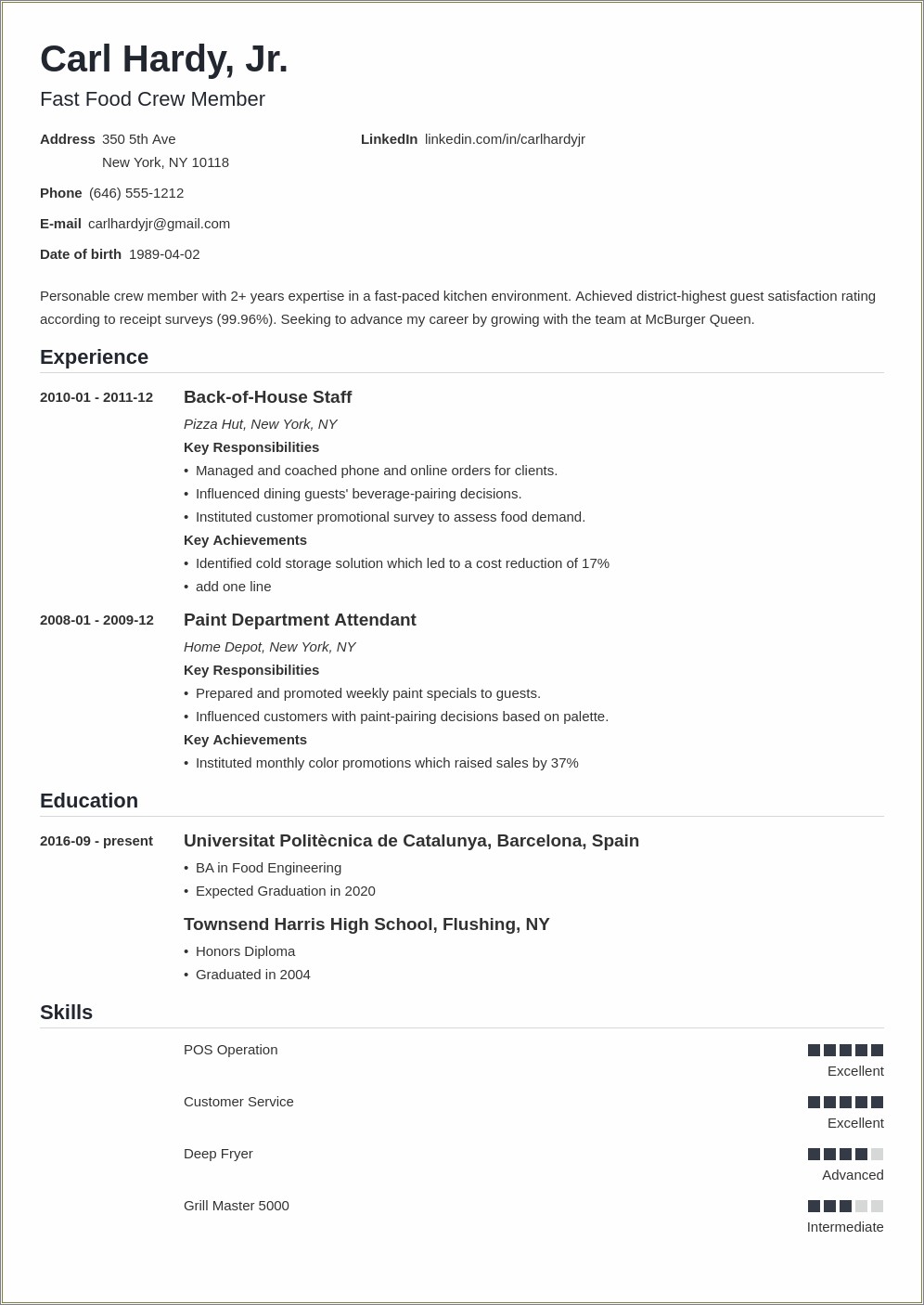 Objective For Resume For Fast Food