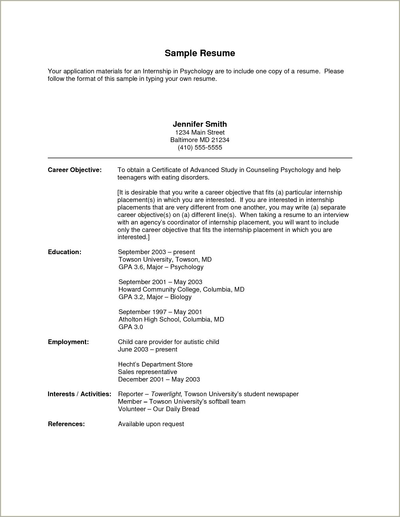 Objective Resume Examples For Internship - Resume Example Gallery