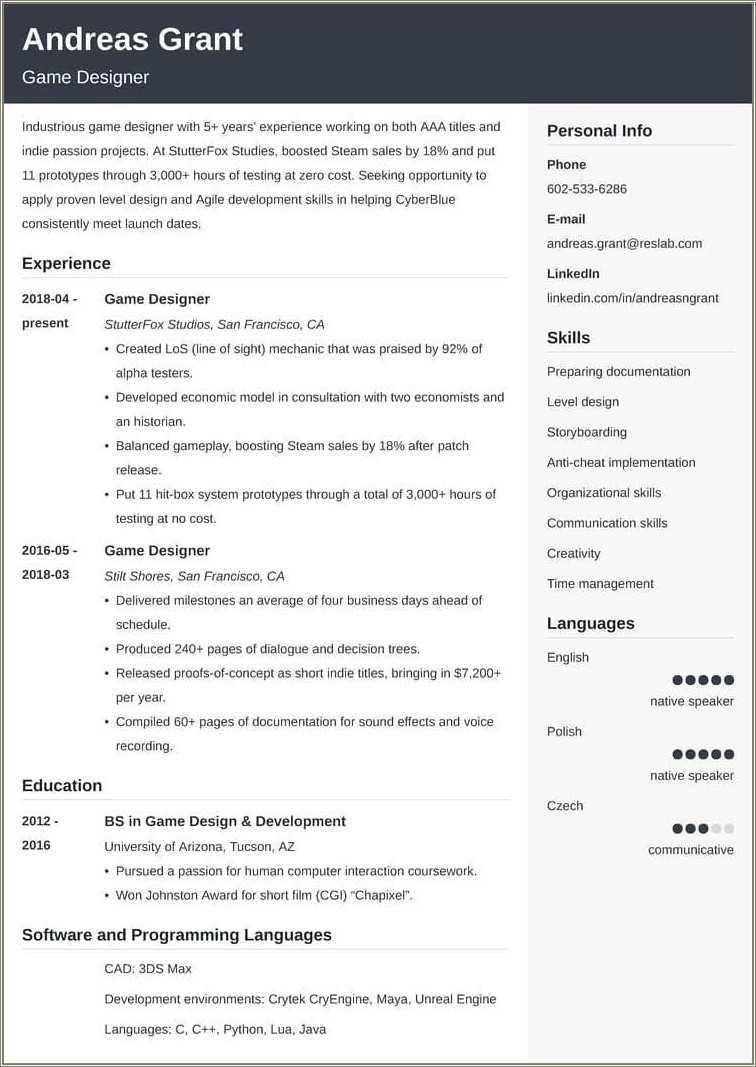Objective Statments For Game Designer Resume Resume Example Gallery