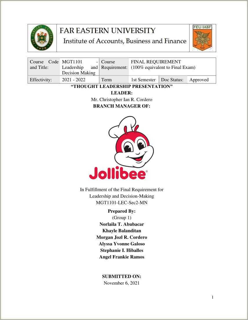 resume objective examples for jollibee