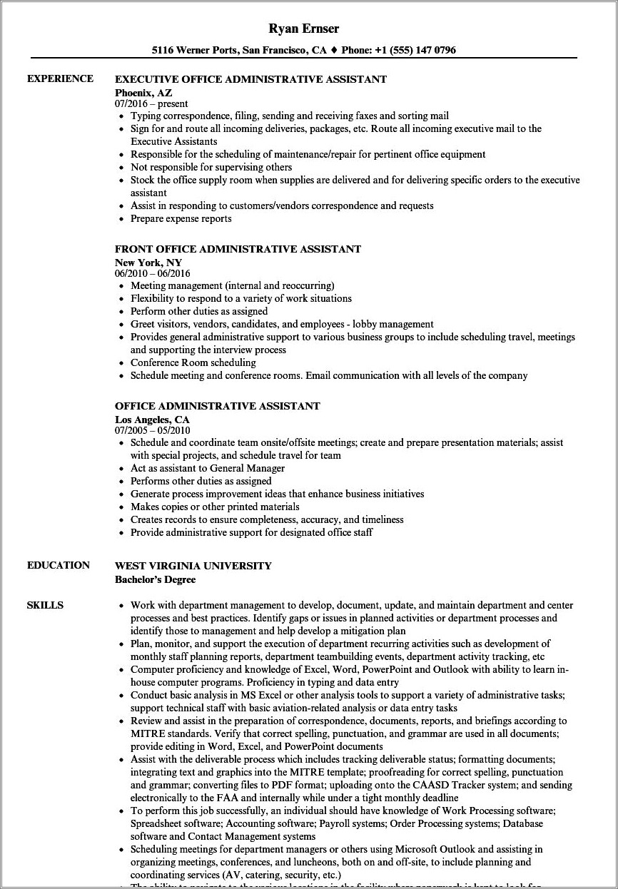 Front Office Executive Jobs Descriptions Resume Resume Example Gallery