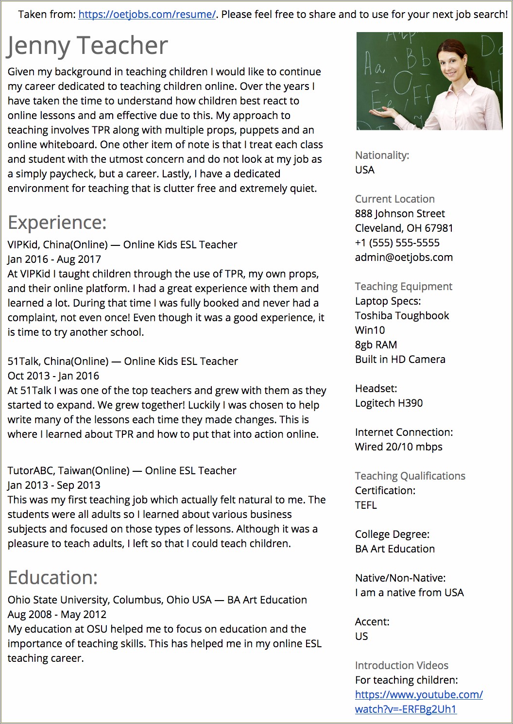 Resume Format For Online Teaching Job Resume Example Gallery