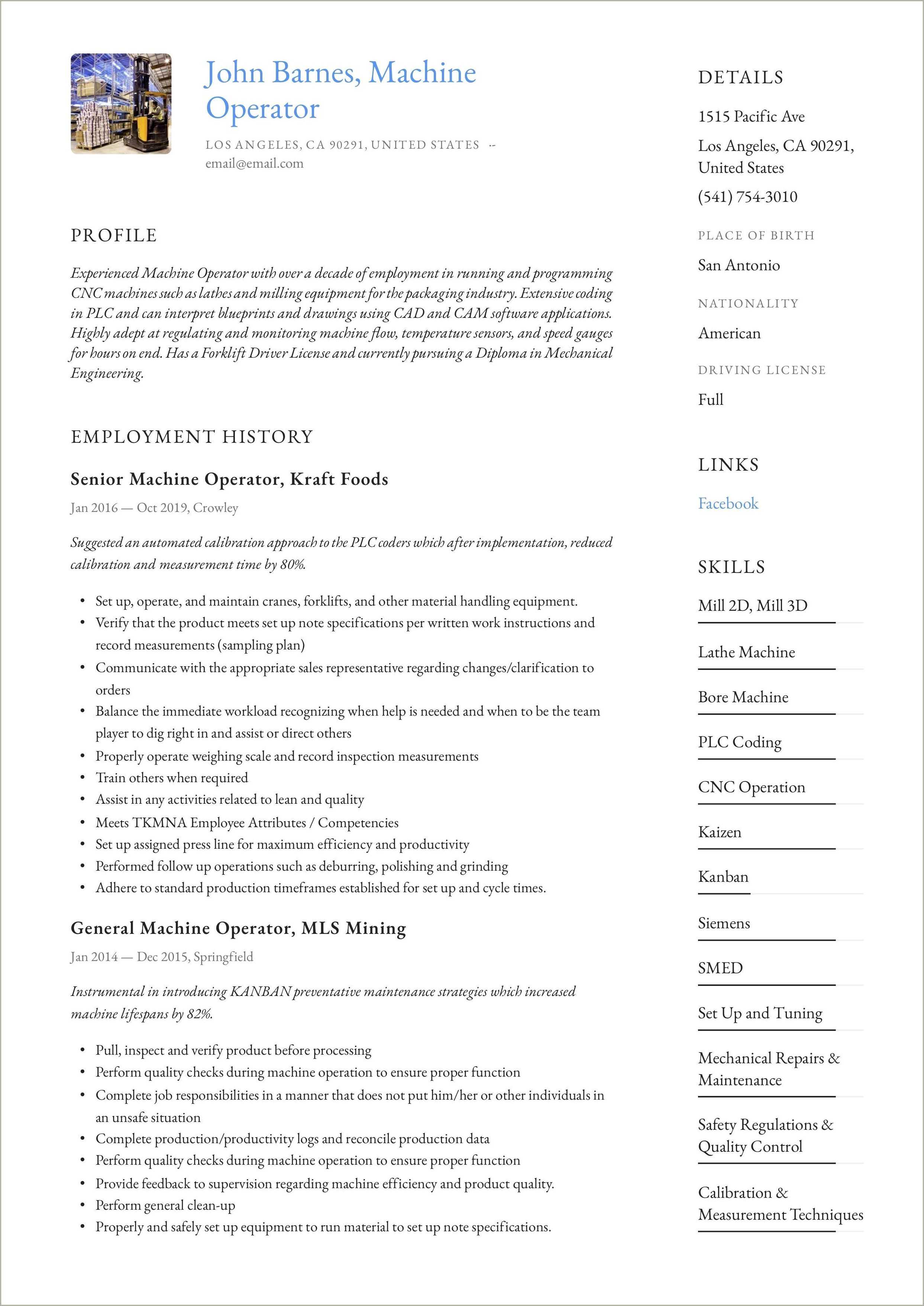 Packaging Machine Operator Resume Sample - Resume Example Gallery