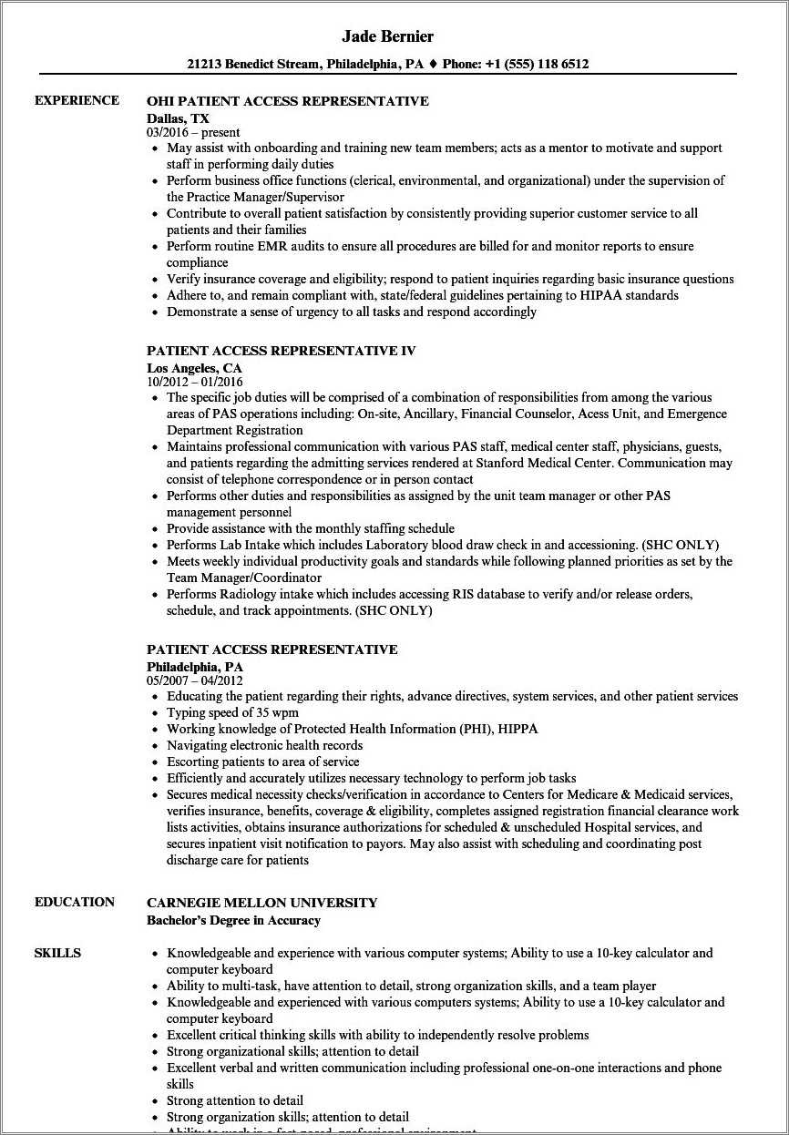 Patient Service Representative Resume With No Experience