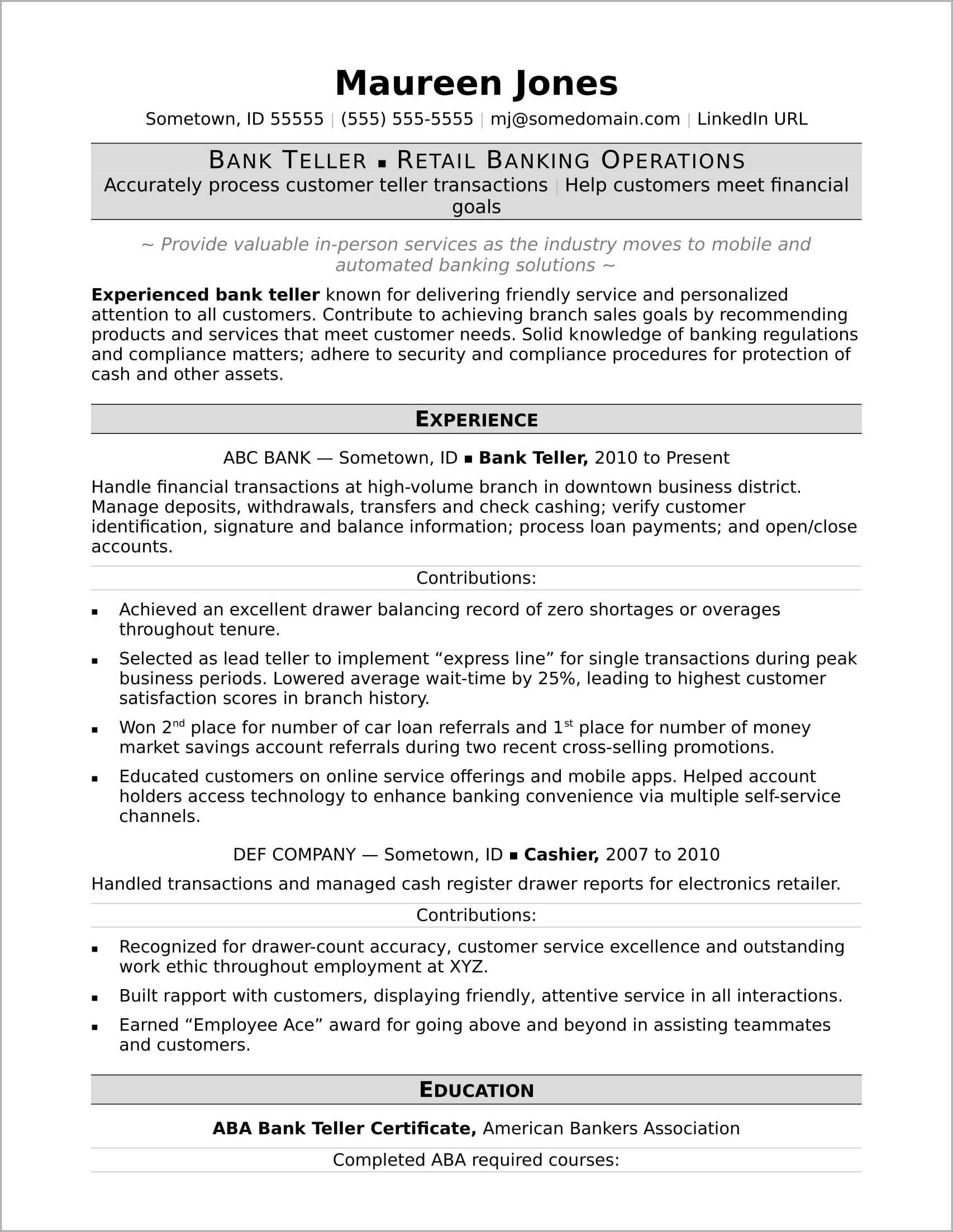 Personal Banker Best Experience Resume - Resume Example Gallery