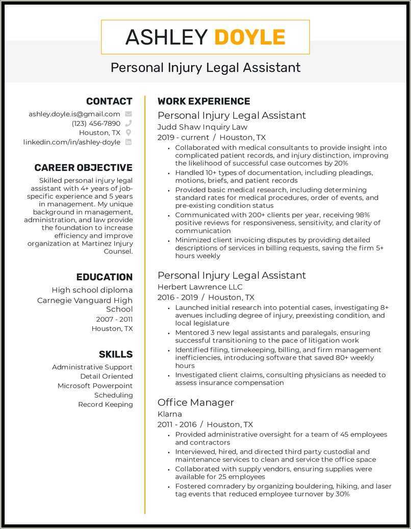 Personal Injury Case Manager Resume Example Resume Example Gallery