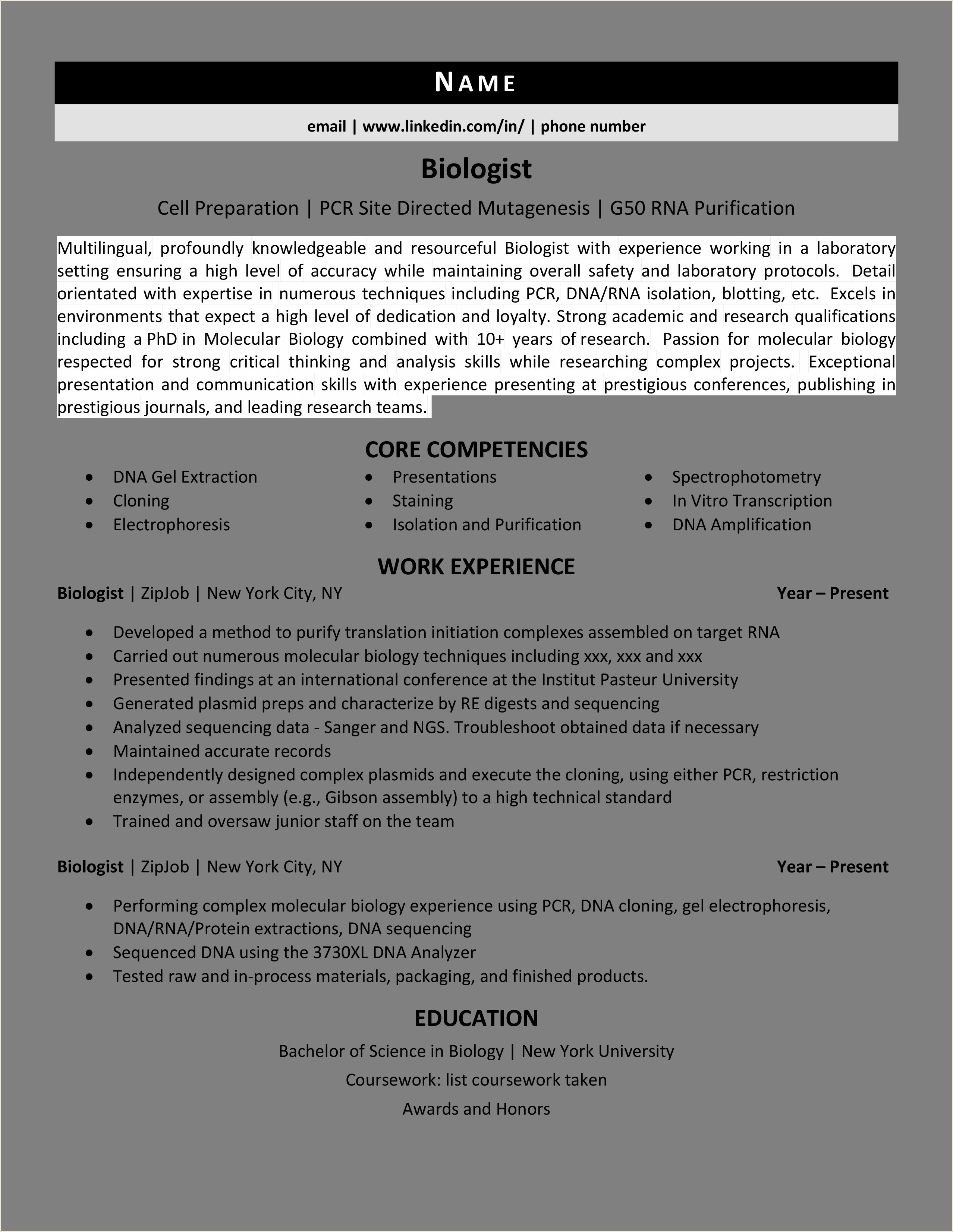 Sample resume for biology major resume example gallery