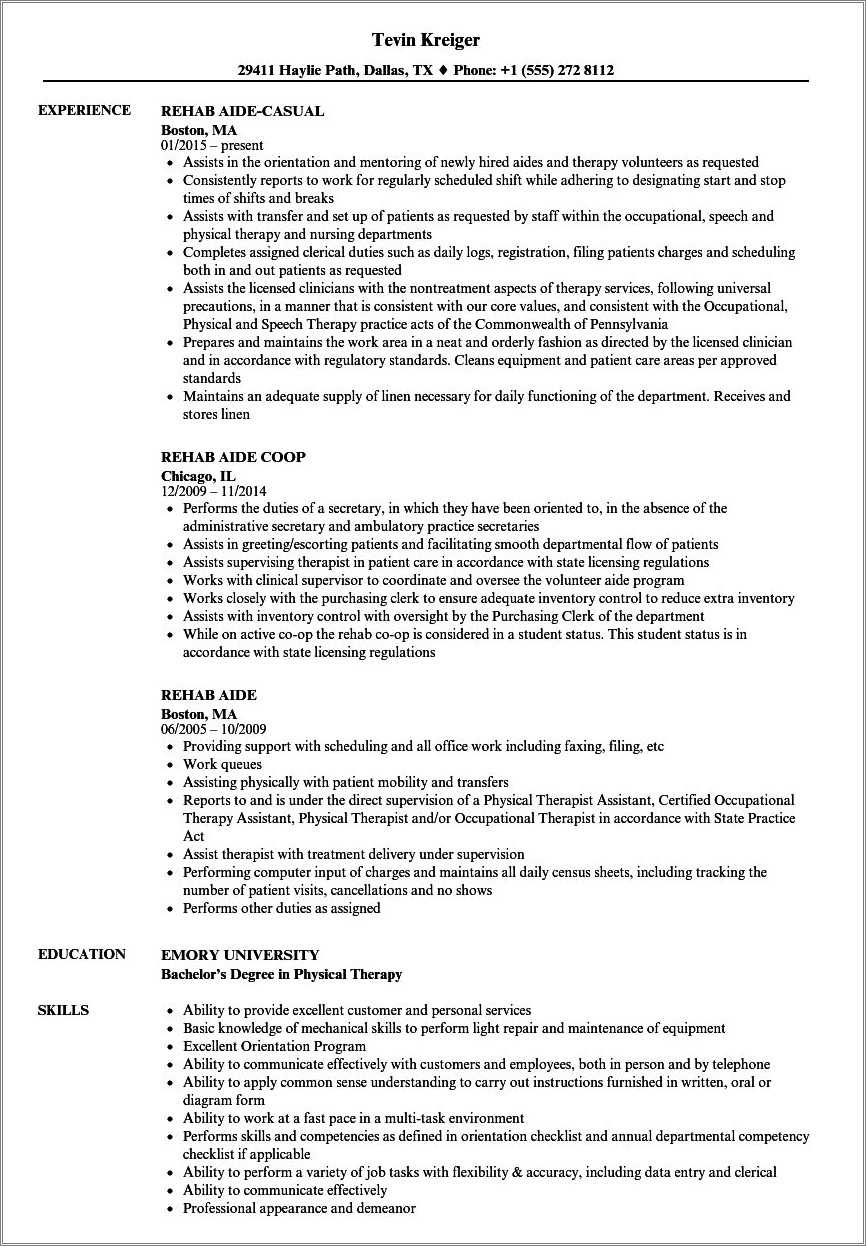 Physical therapy aide resume examples resume example gallery