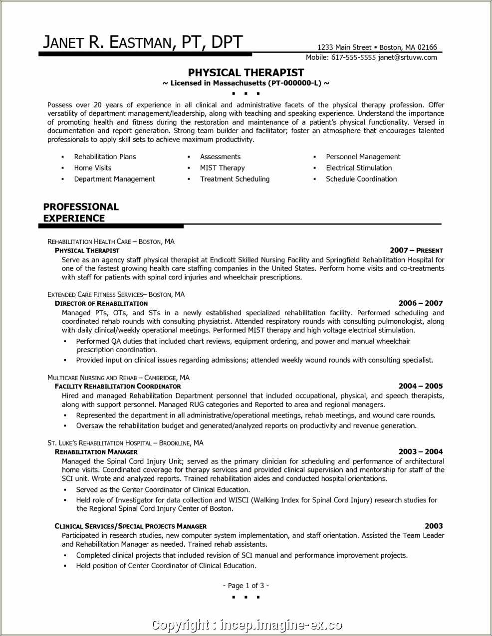 Physical Therapy Manager Resume Sample Resume Example Gallery