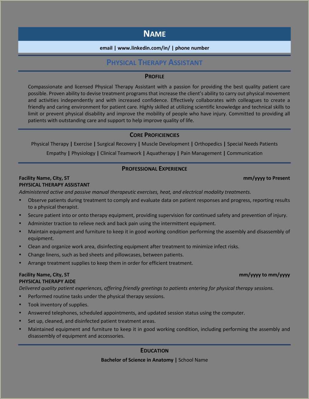 Physical Therapy Resume With Manual Skills