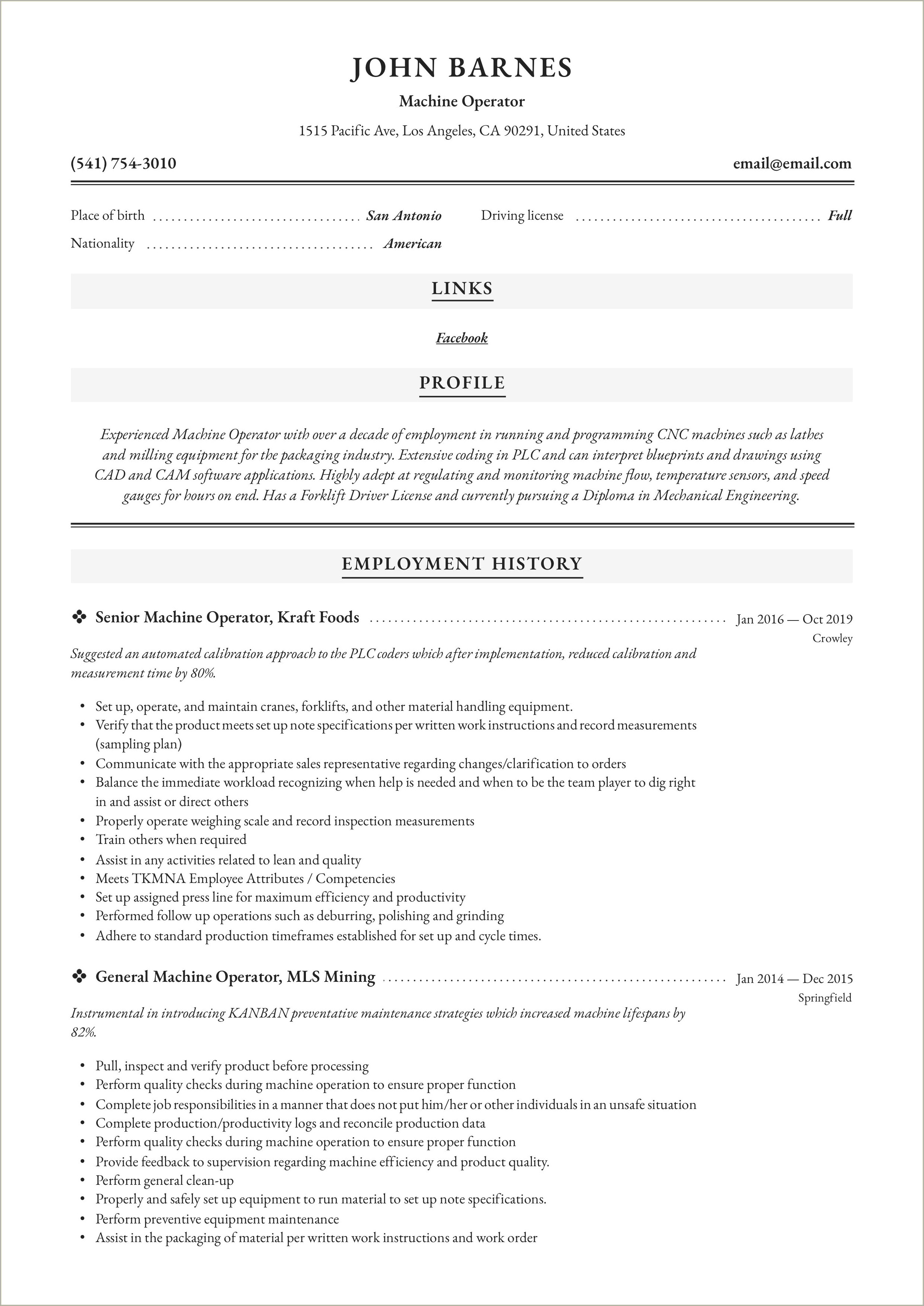 Press Brake Operator Resume Sample Resume Example Gallery