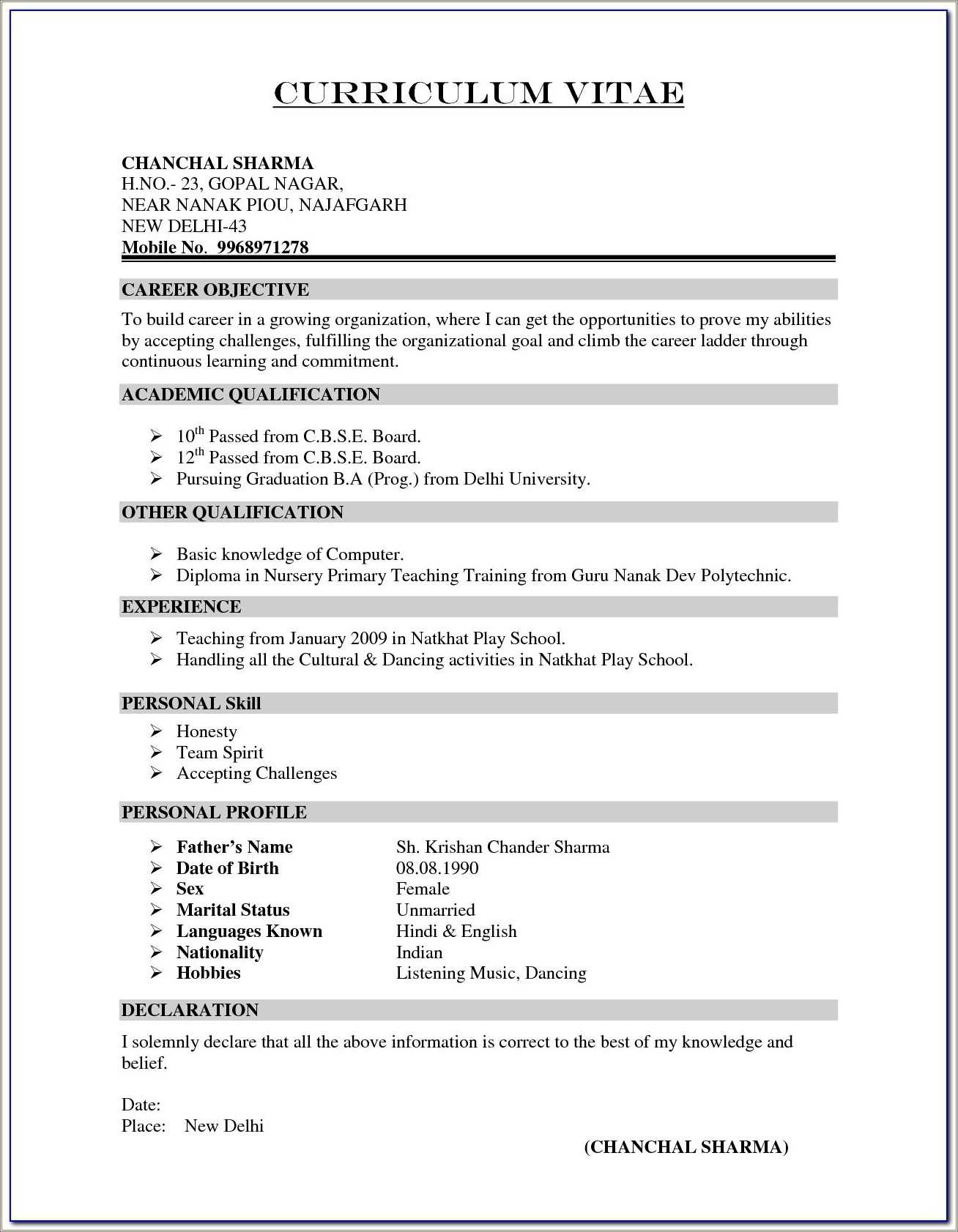 Primary Teacher Resume Format In Word India Resume Example Gallery