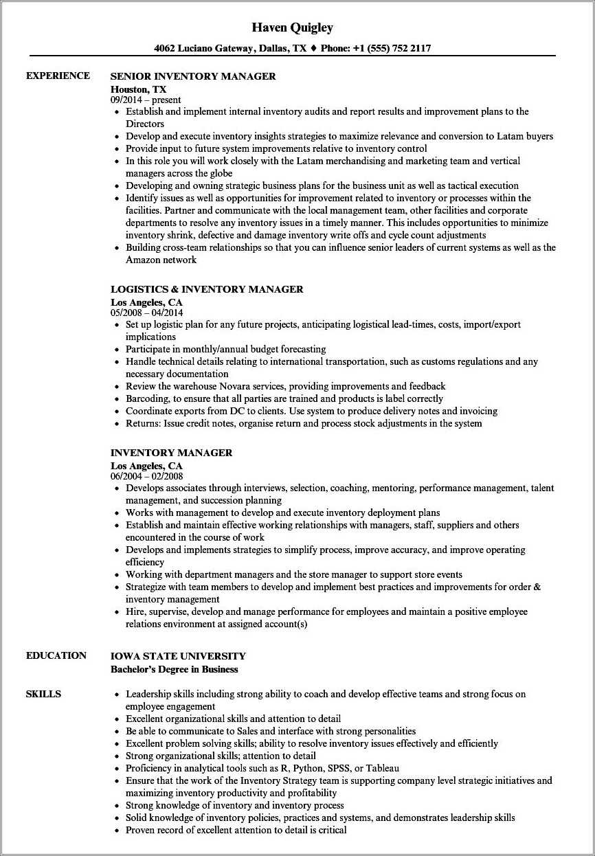 Printable Inventory Control Manager Resume Resume Example Gallery
