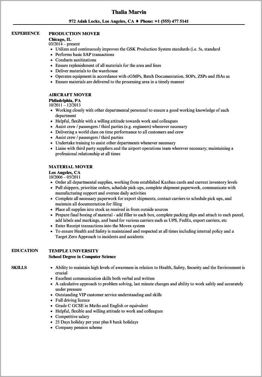 Professional Furniture Mover Resume Example