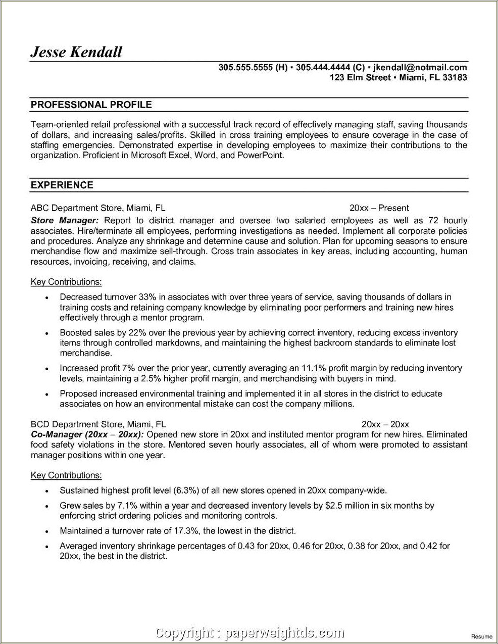 Professional Store Manager Resume Examples