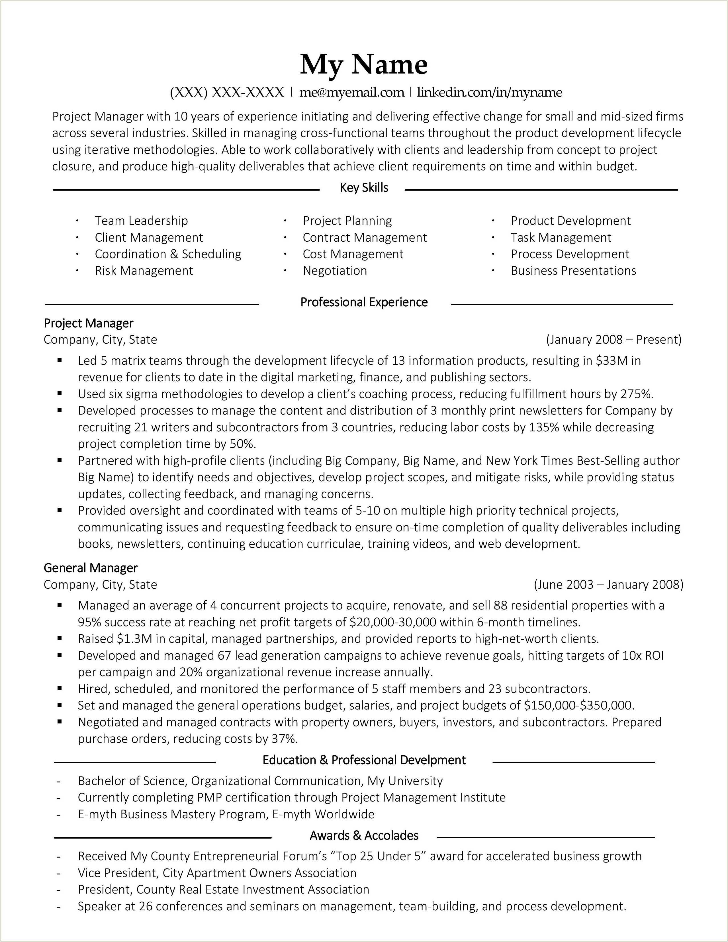 Project Manager Bullets For Resume