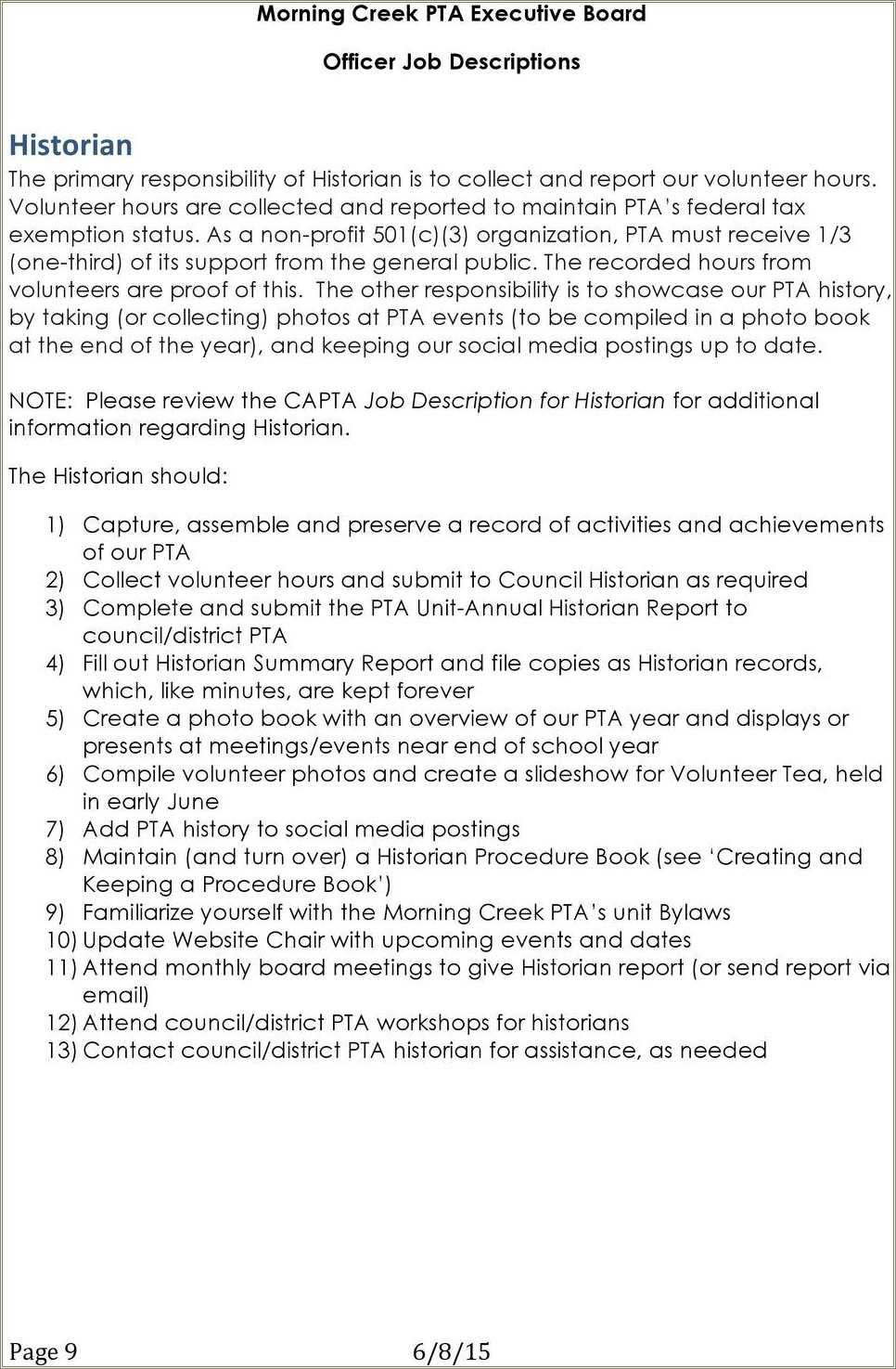 Pta Job Descriptions For Resume