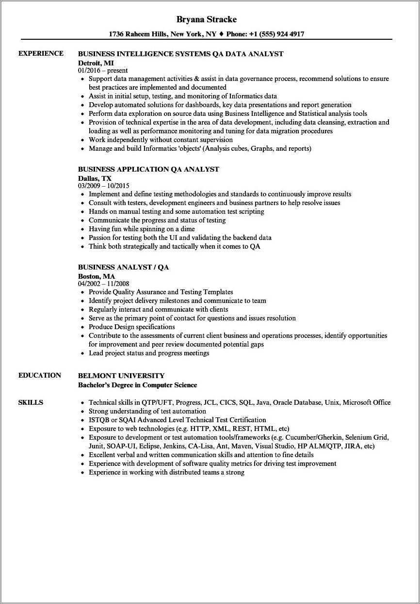 Qa Ba Analyst Resume Samples Resume Example Gallery
