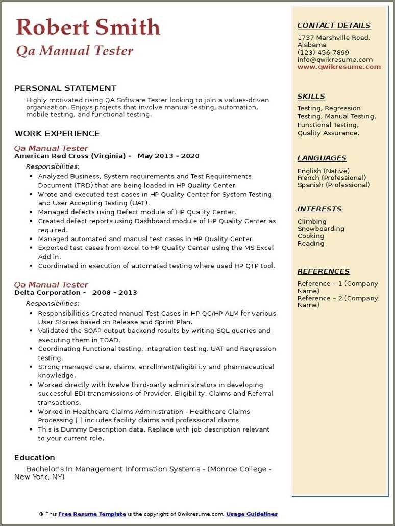 Qa Manual Tester Resume Sample