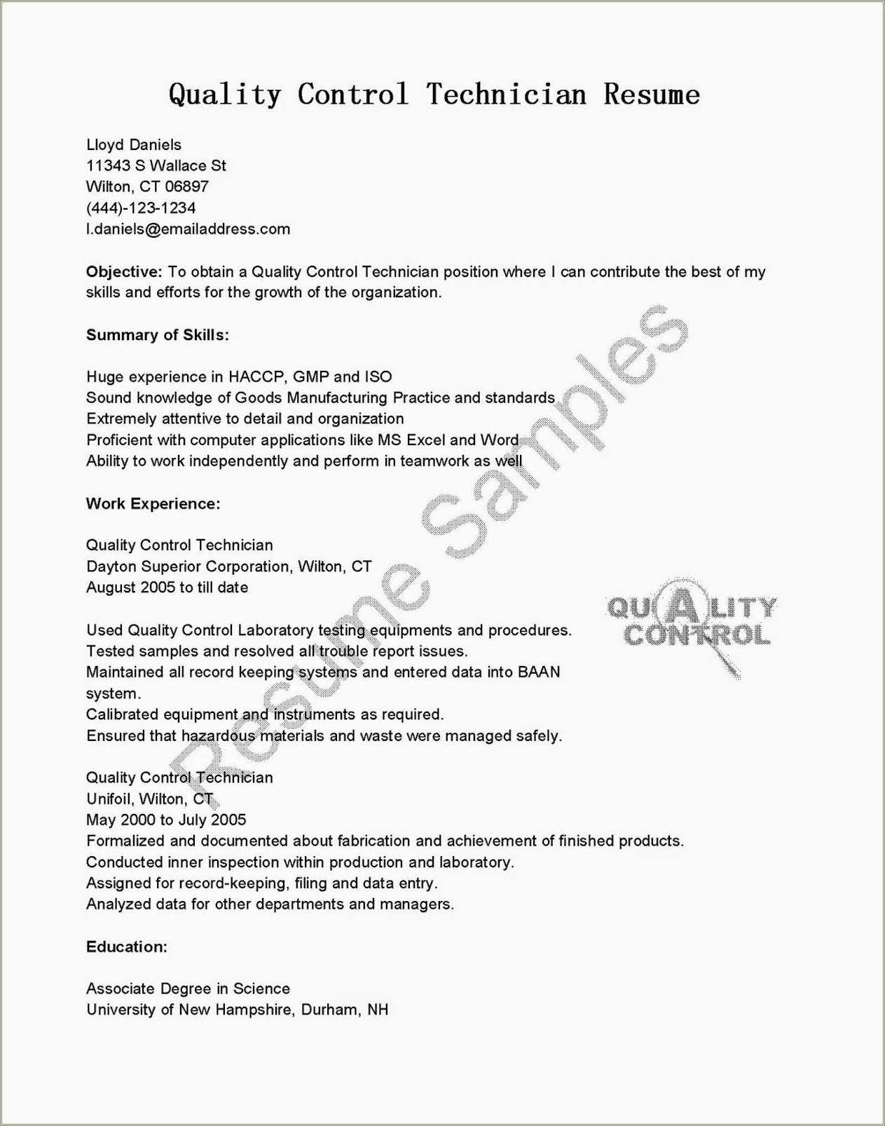 Quality Control Inspector Resume Cover Letter - Resume Example Gallery
