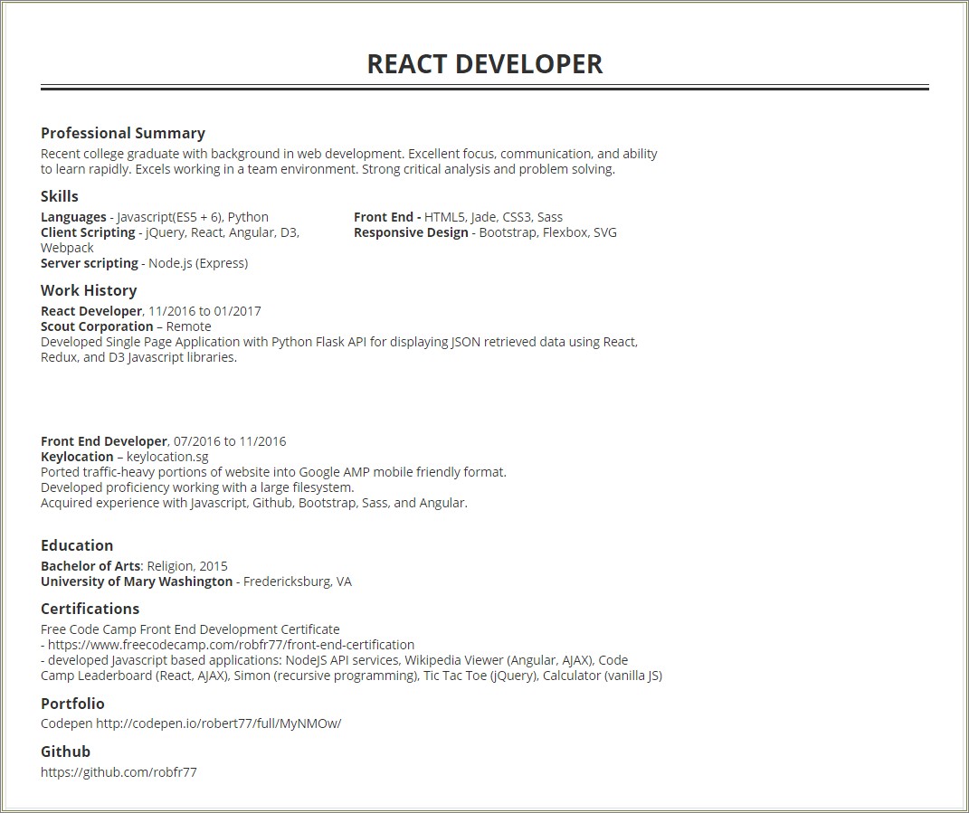 React js developer resume sample resume example gallery