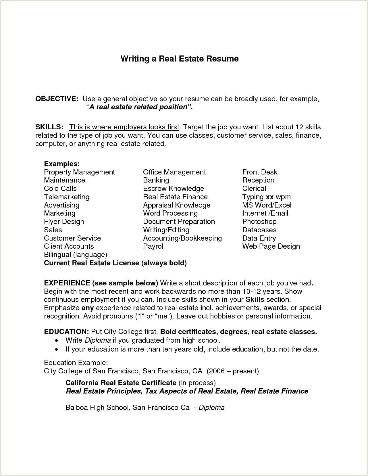 Real Estate Career Objective For Resume Resume Example Gallery