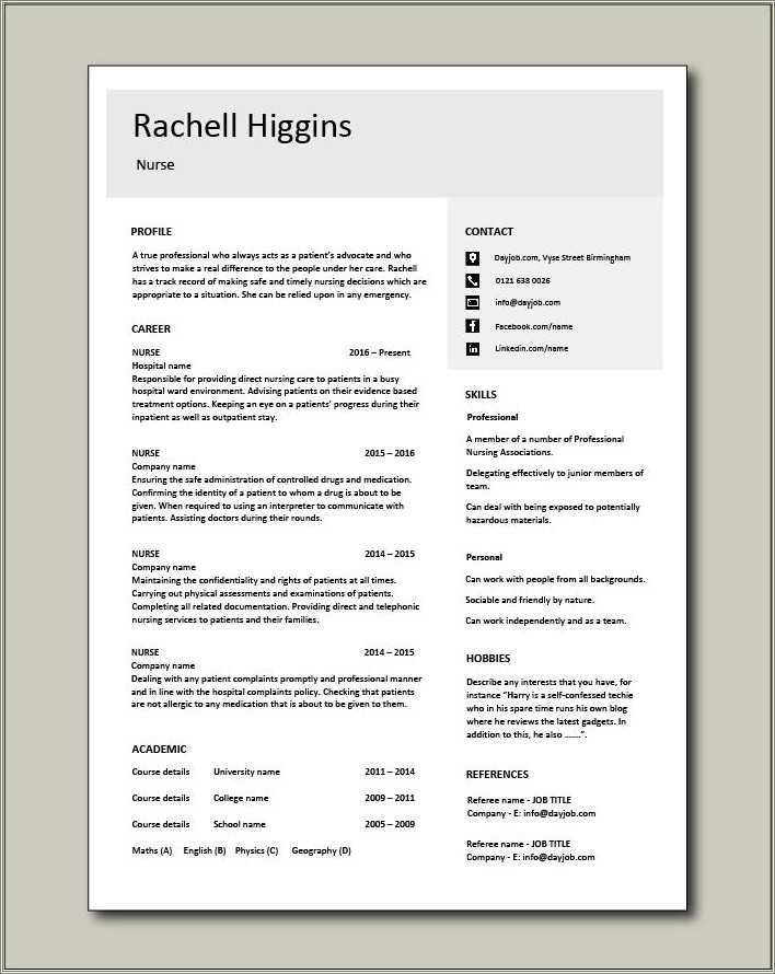 Registered Nurse Resume One Year Experience