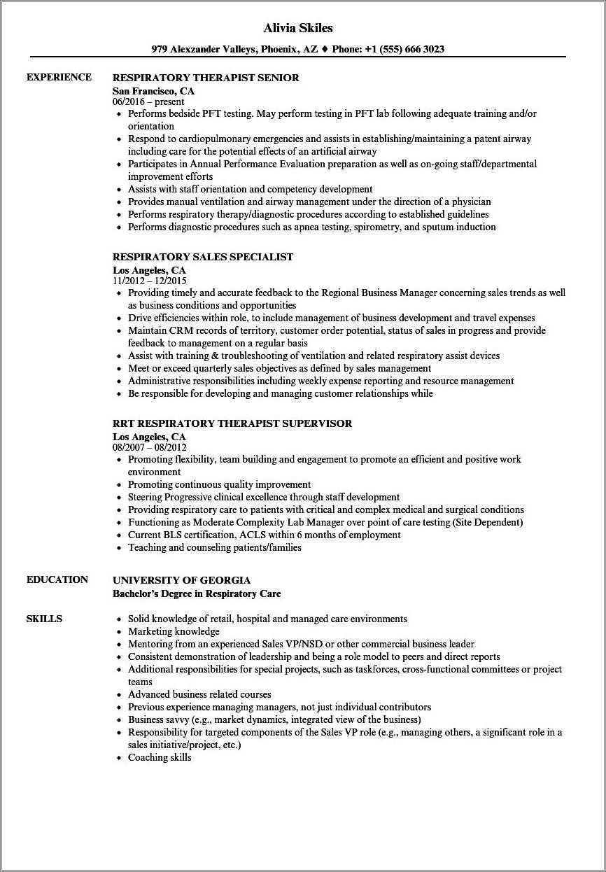 Respiratory Therapist Job Description Resume