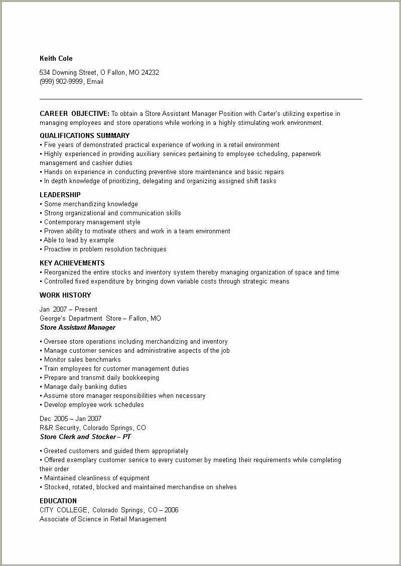 Responsibilities Of A Manager For Resume