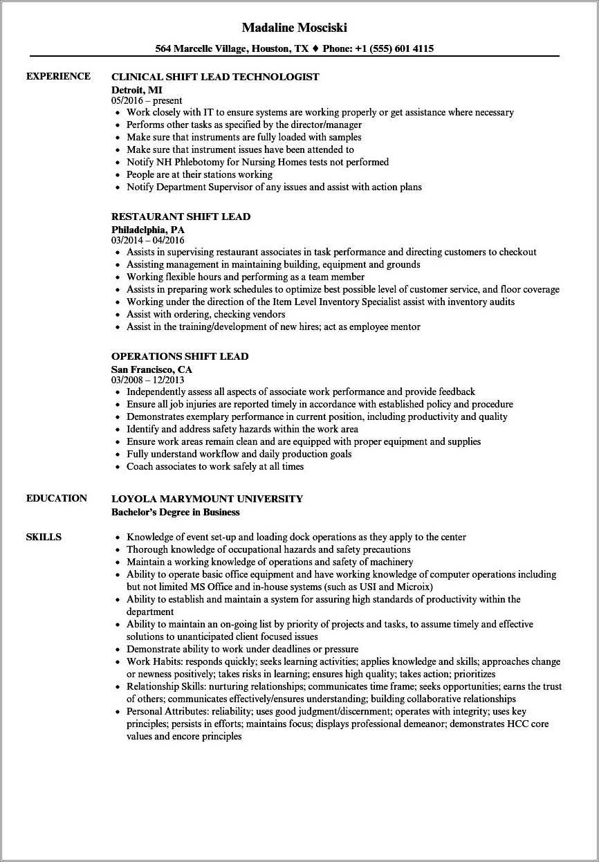 Restaurant Shift Manager Resume Examples Resume Example Gallery