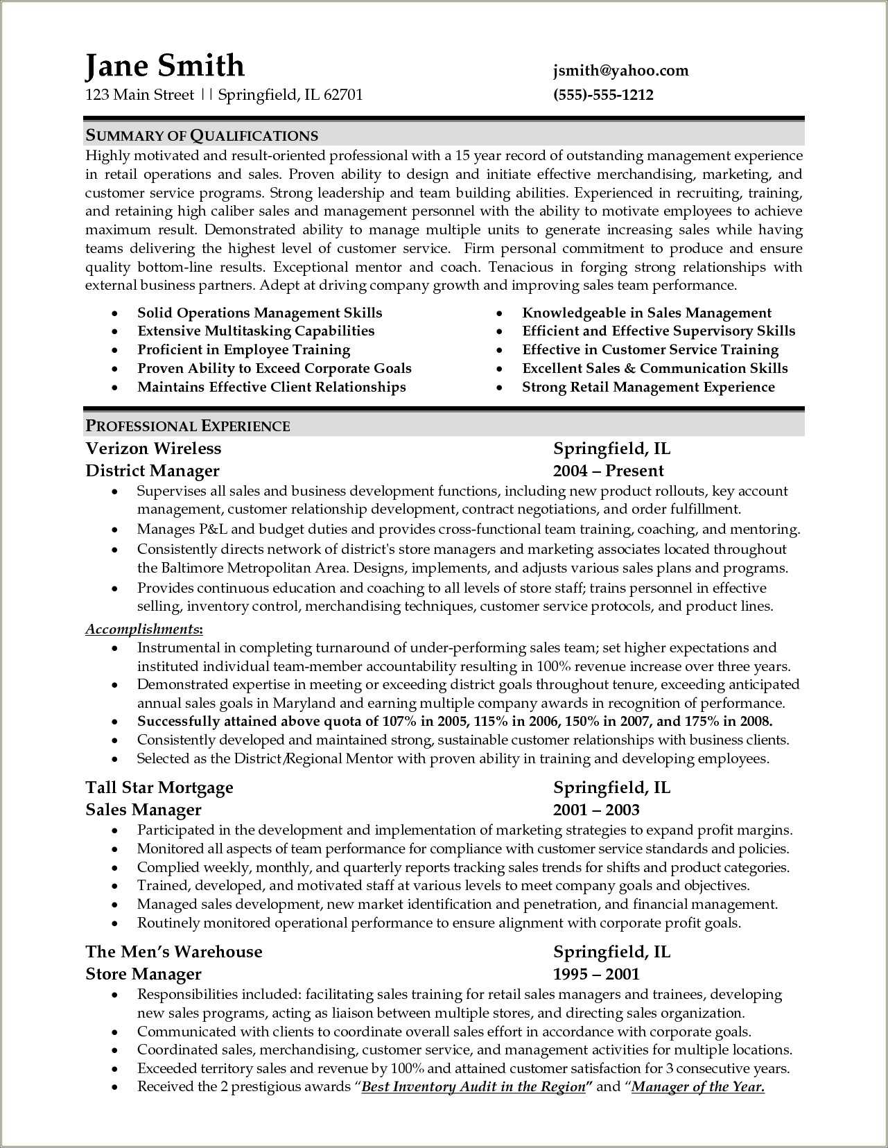Resume Example For A Store Manager Job