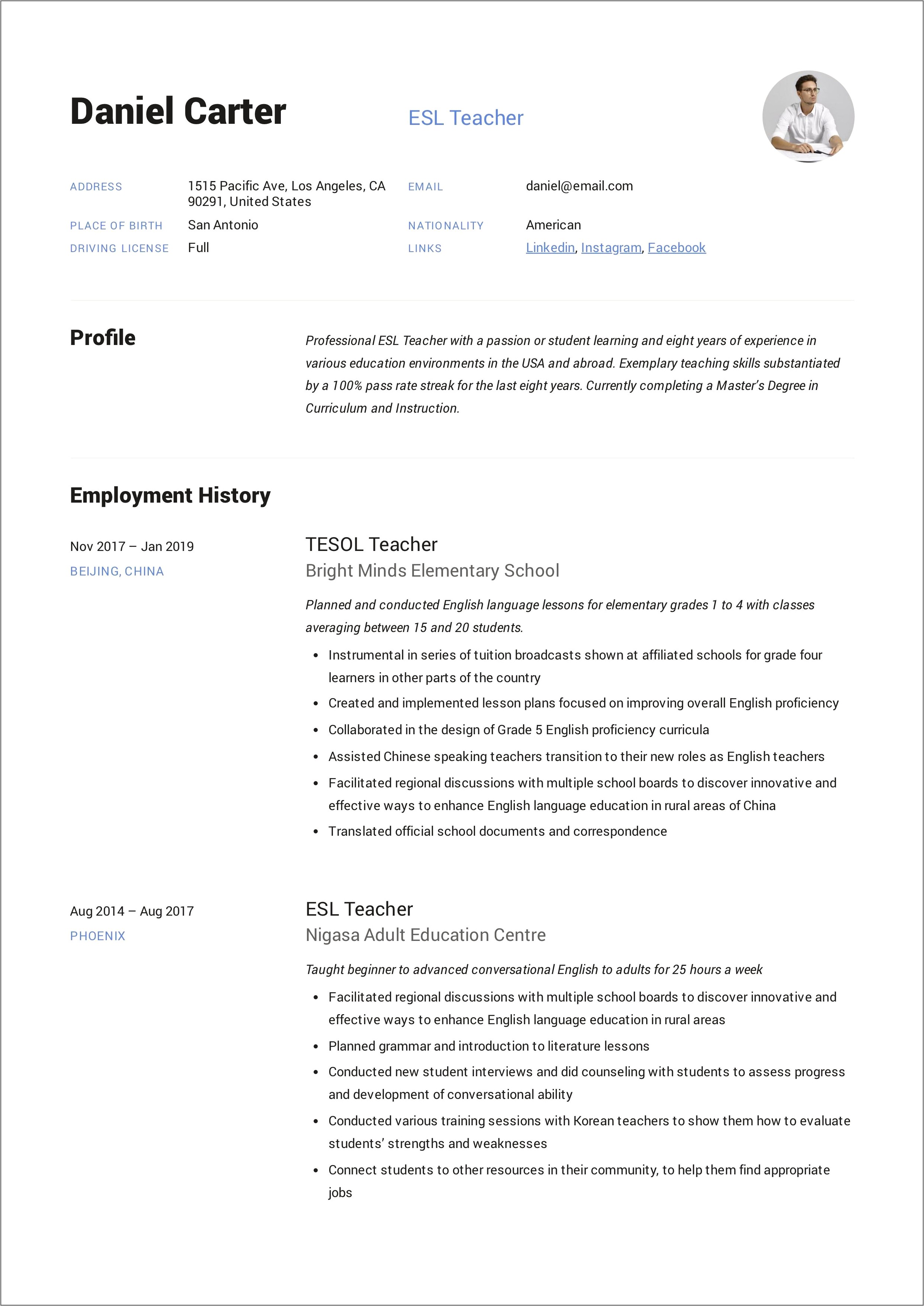 Resume Example For Teacher Applicant