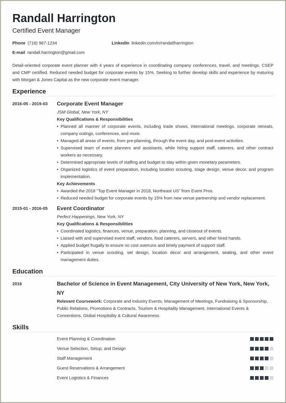 Resume Example Organized Major Event