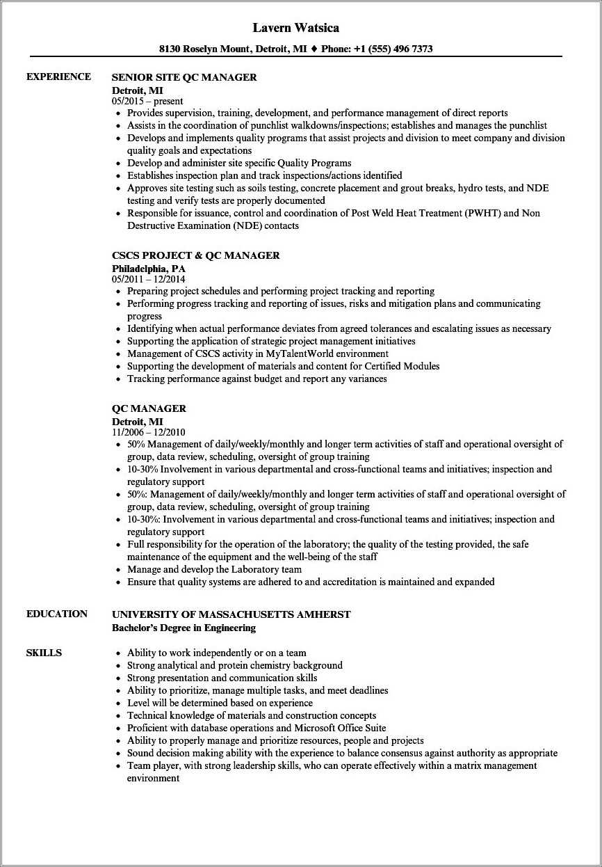 Resume Examples Construction Quality Control - Resume Example Gallery