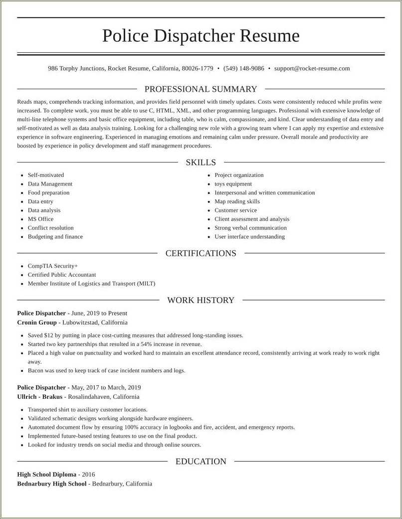 resume objective examples for 911 dispatcher