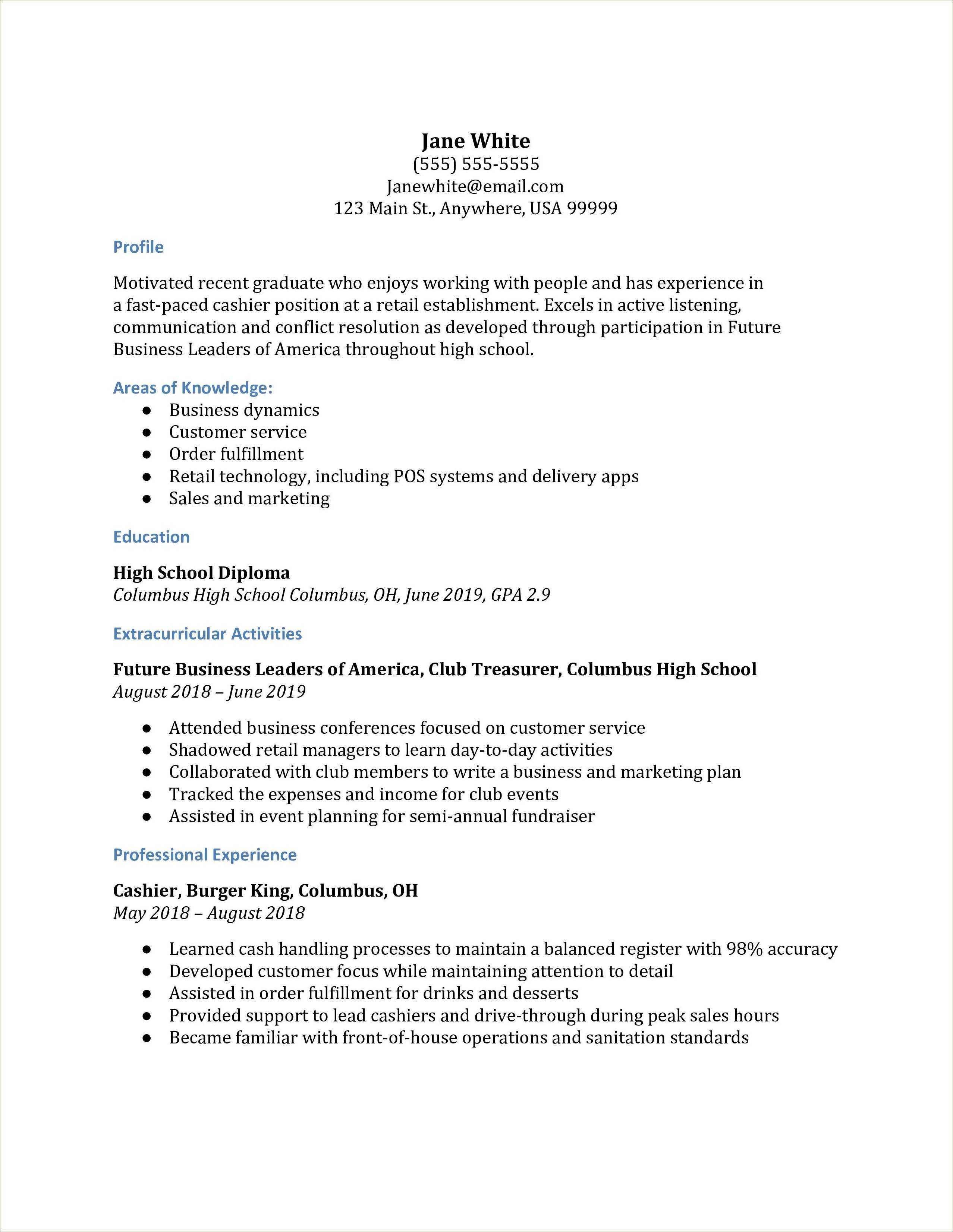 Resume Examples For A Cashier At Fast Food