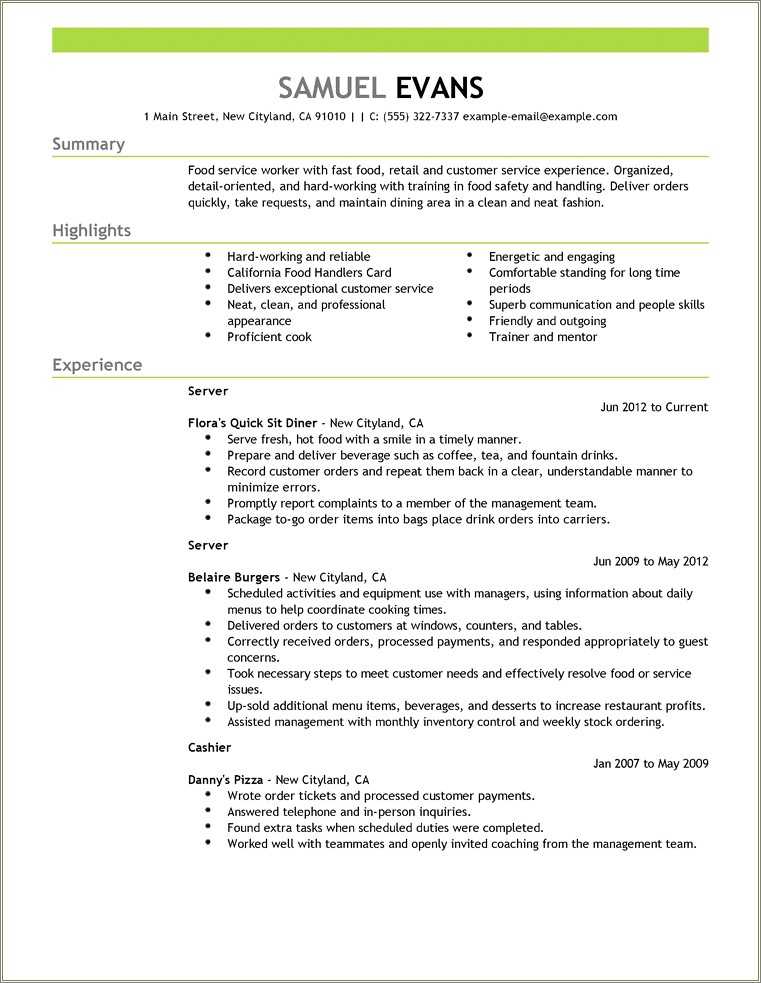 Resume Examples For Cashier At Fast Food